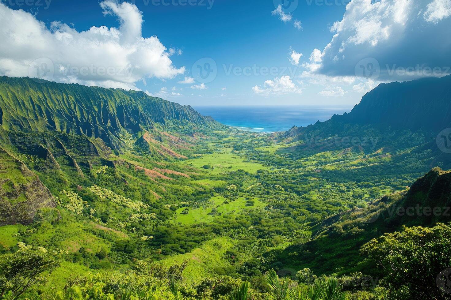 Stunning panoramic view of kauai's lush na pali coast state park in hawaii photo