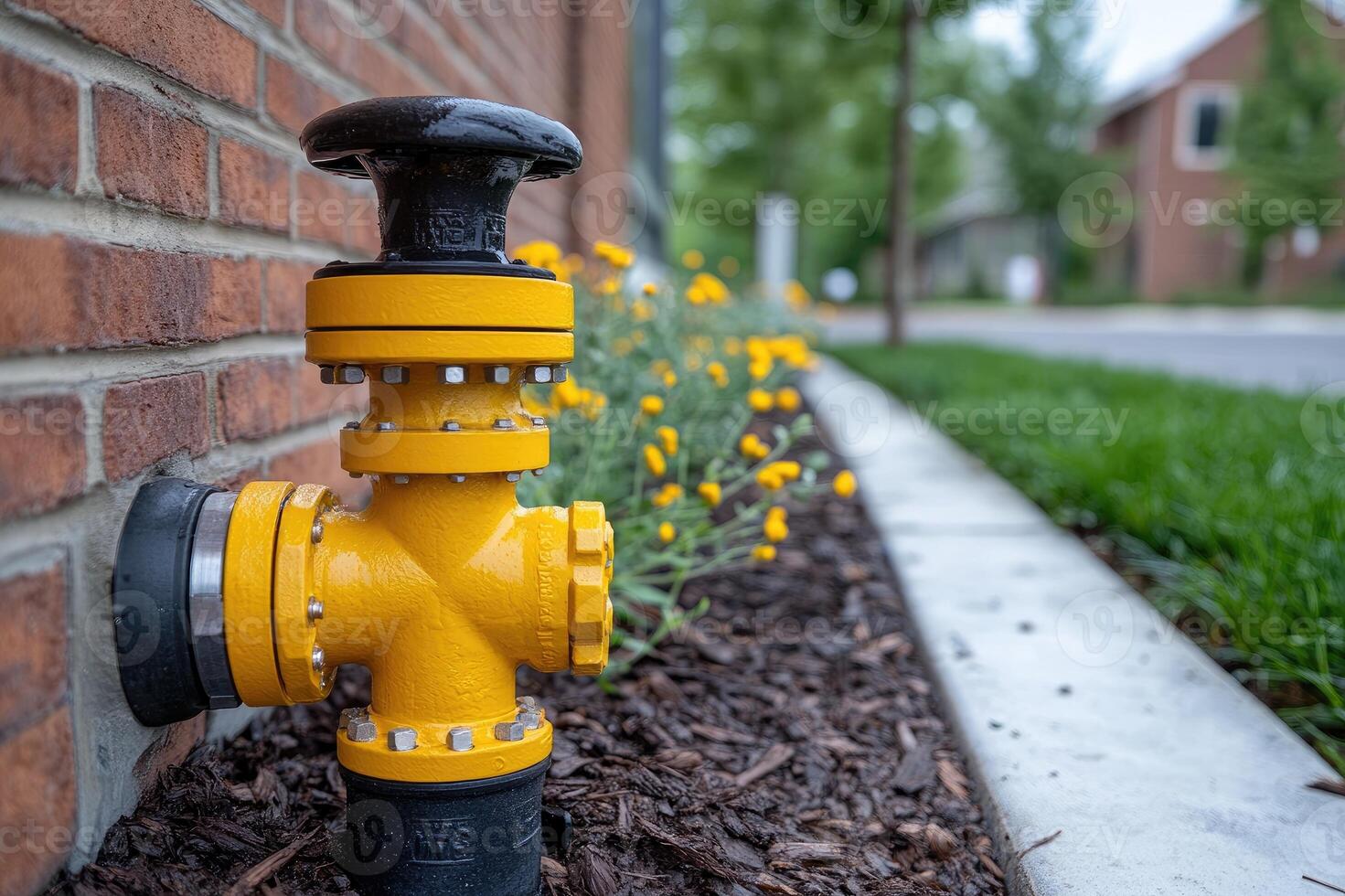 Yellow gas pipe emerging from brick wall with flange and bolts photo