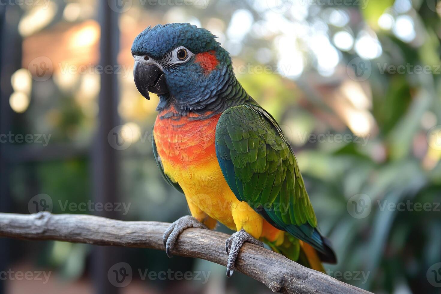 Blue-headed parrot perching on branch in tropical setting photo