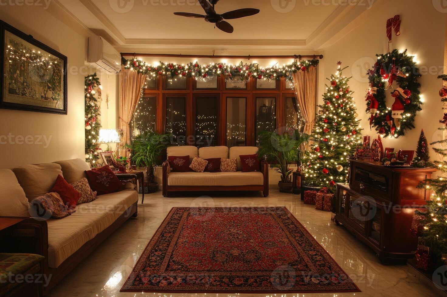 Warm christmas decorations illuminating cozy living room photo