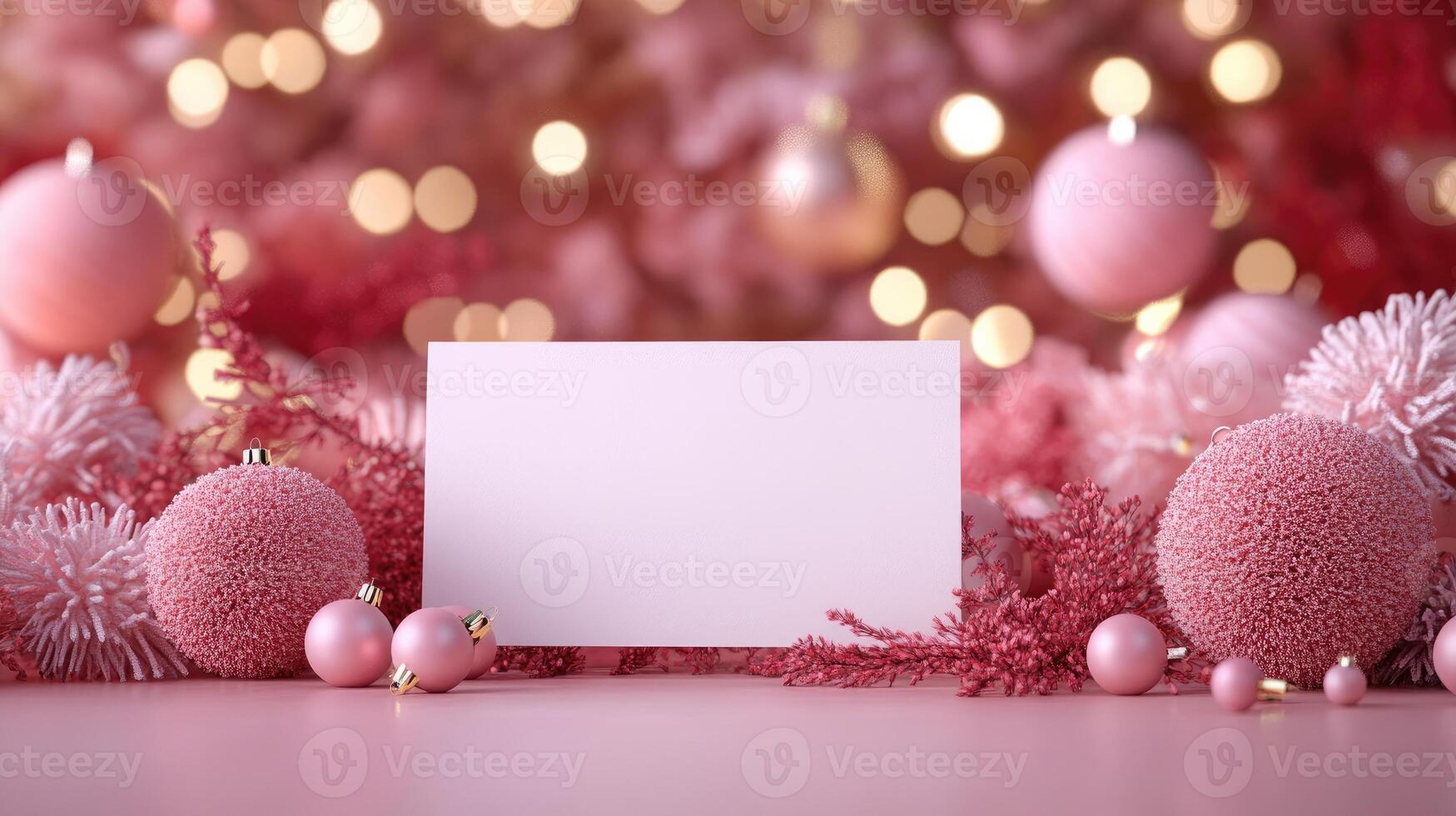 Blank christmas card displayed on pink background with decorations and bokeh lights photo