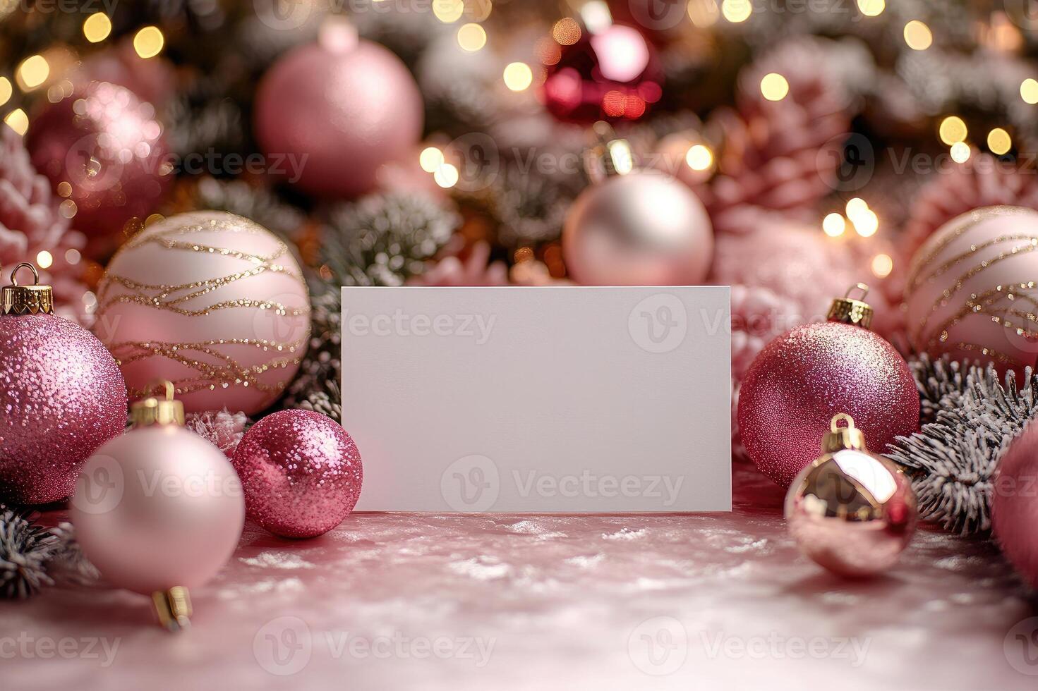 Blank white card displaying with pink christmas ornaments and garland photo