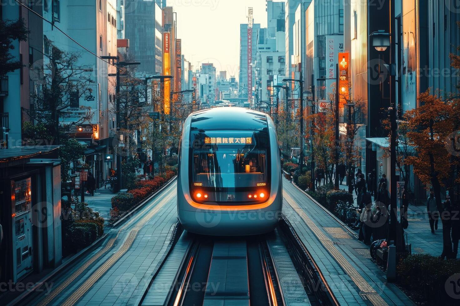 Modern tram passing through city street in hiroshima at dusk photo