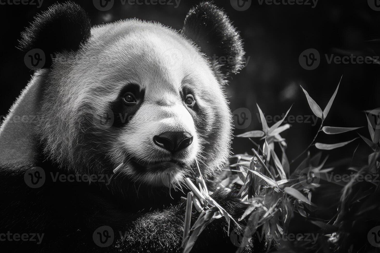 Giant panda eating bamboo in black and white close-up photo