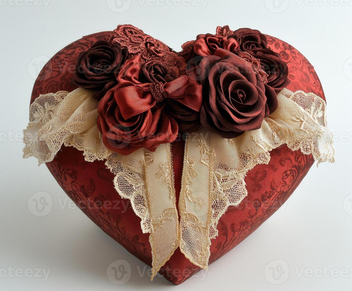 Red heart shaped gift box decorated with fabric roses and lace ribbons photo