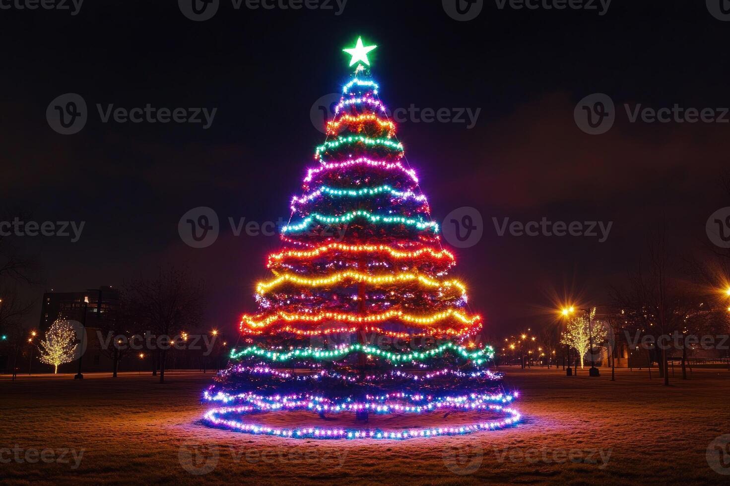 Large decorated christmas tree shining at night in city park photo