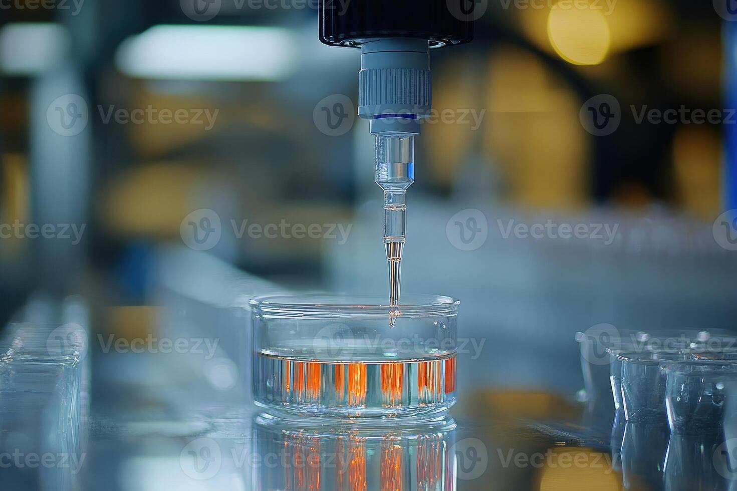 Robotic machine dripping liquid into petri dish during medical experiment in modern laboratory photo