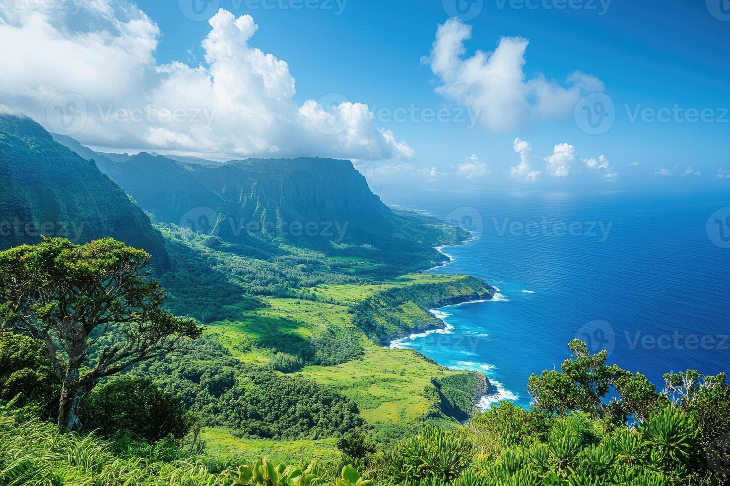 Stunning na pali coast state wilderness park embracing lush green cliffs and turquoise ocean in kauai, hawaii photo