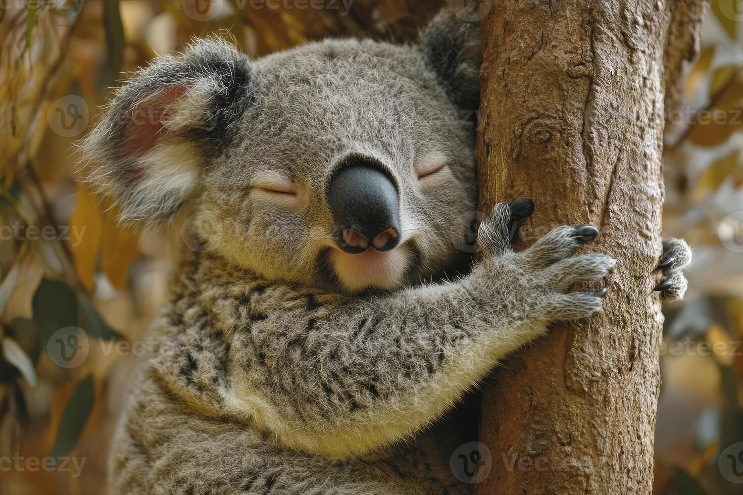 Koala hugging tree branch while sleeping peacefully in nature photo