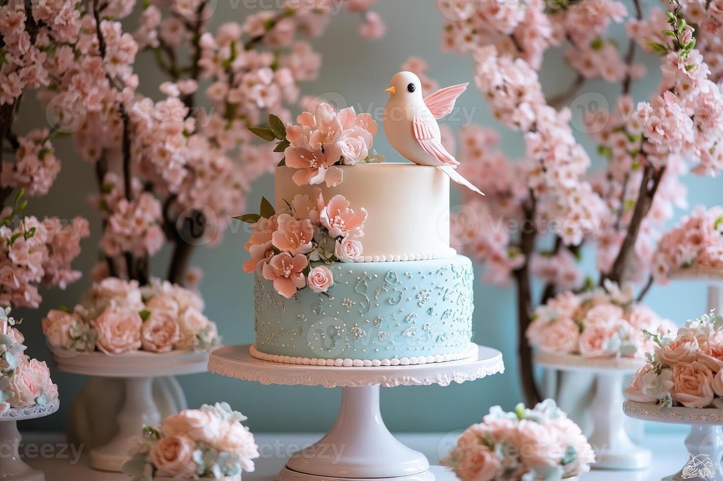 Wedding cake decorated with pink flowers and dove figurine stands on cake stand photo