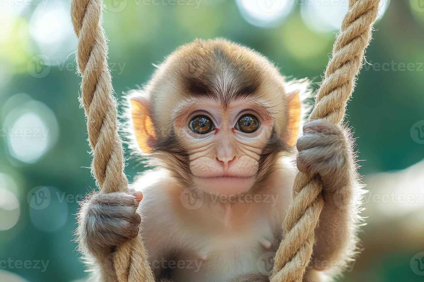 Cute baby monkey hanging on rope swinging in forest photo