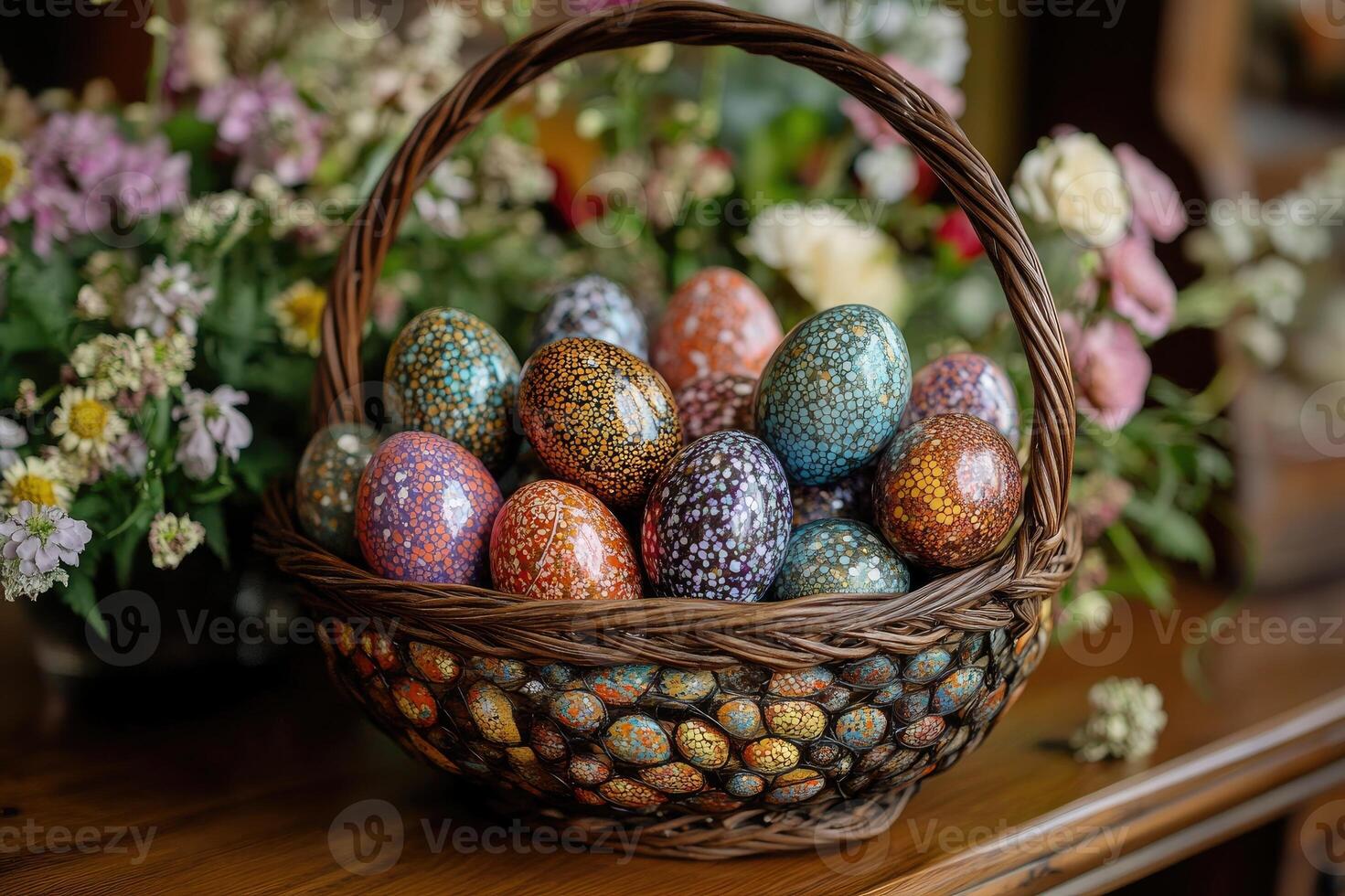Colorful glittery easter eggs nestling in a wicker basket amidst spring flowers photo
