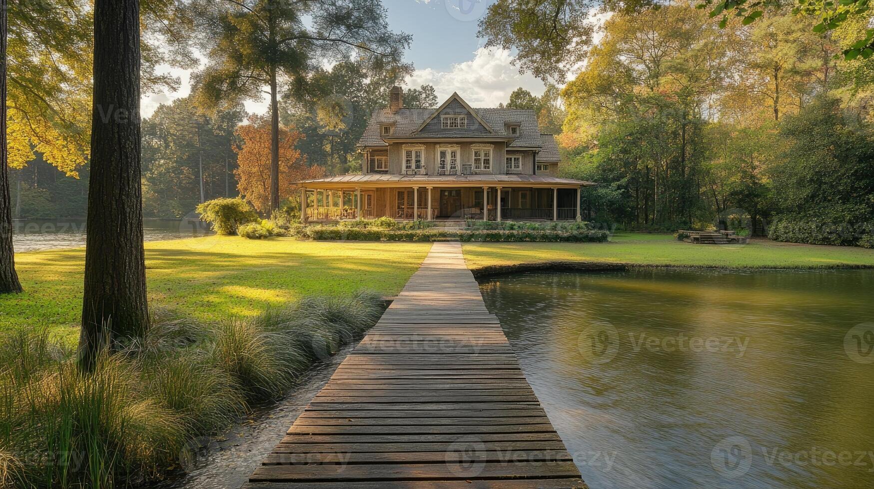 Wooden pathway leading to idyllic lakeside house surrounded by lush greenery photo
