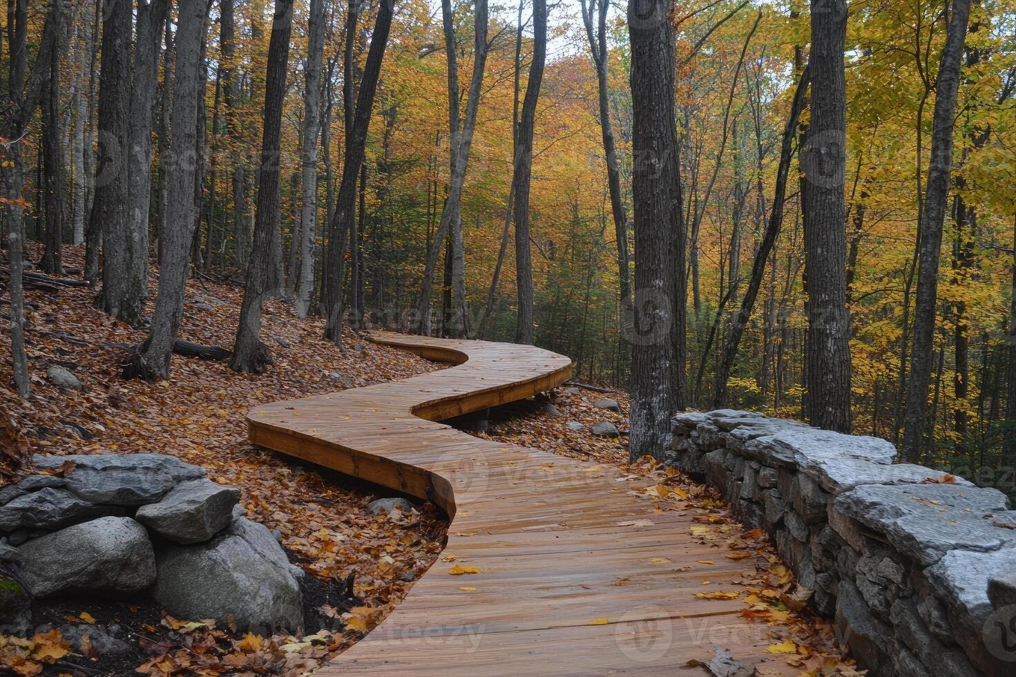 Winding wooden path through autumn forest scenery photo