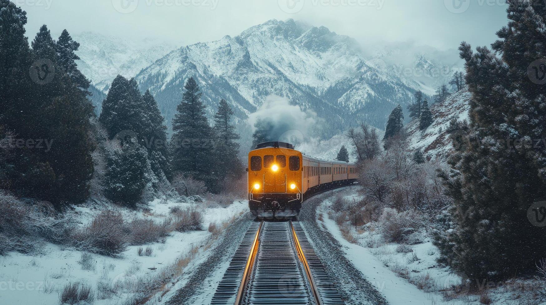 Yellow train moving through snowy mountains in winter photo