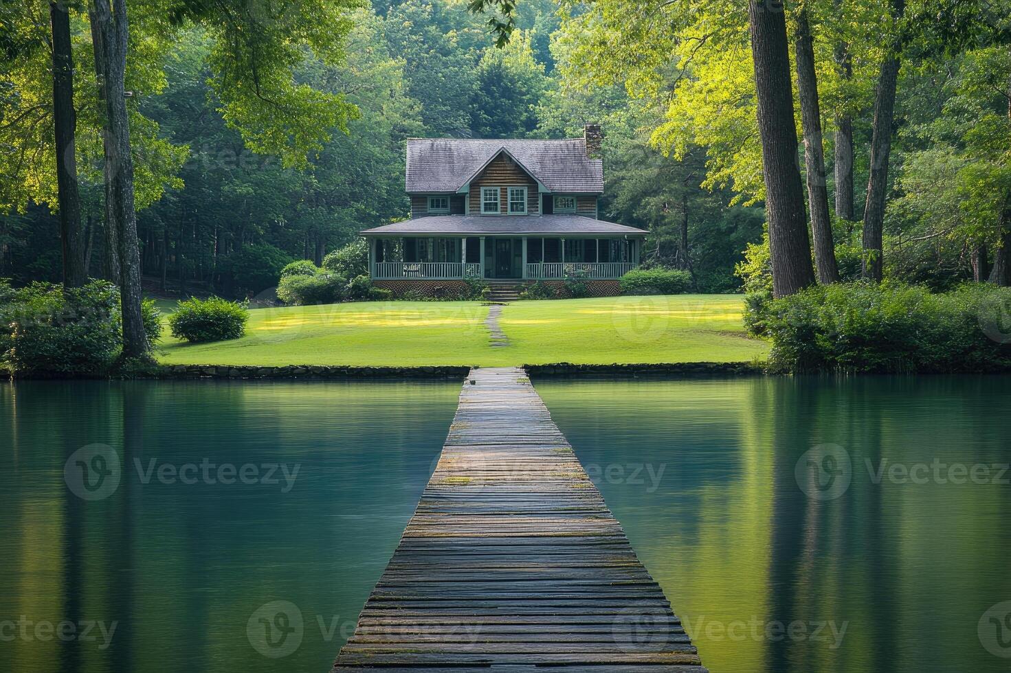 Wooden lake cabin with pier in tranquil forest setting during sunrise photo