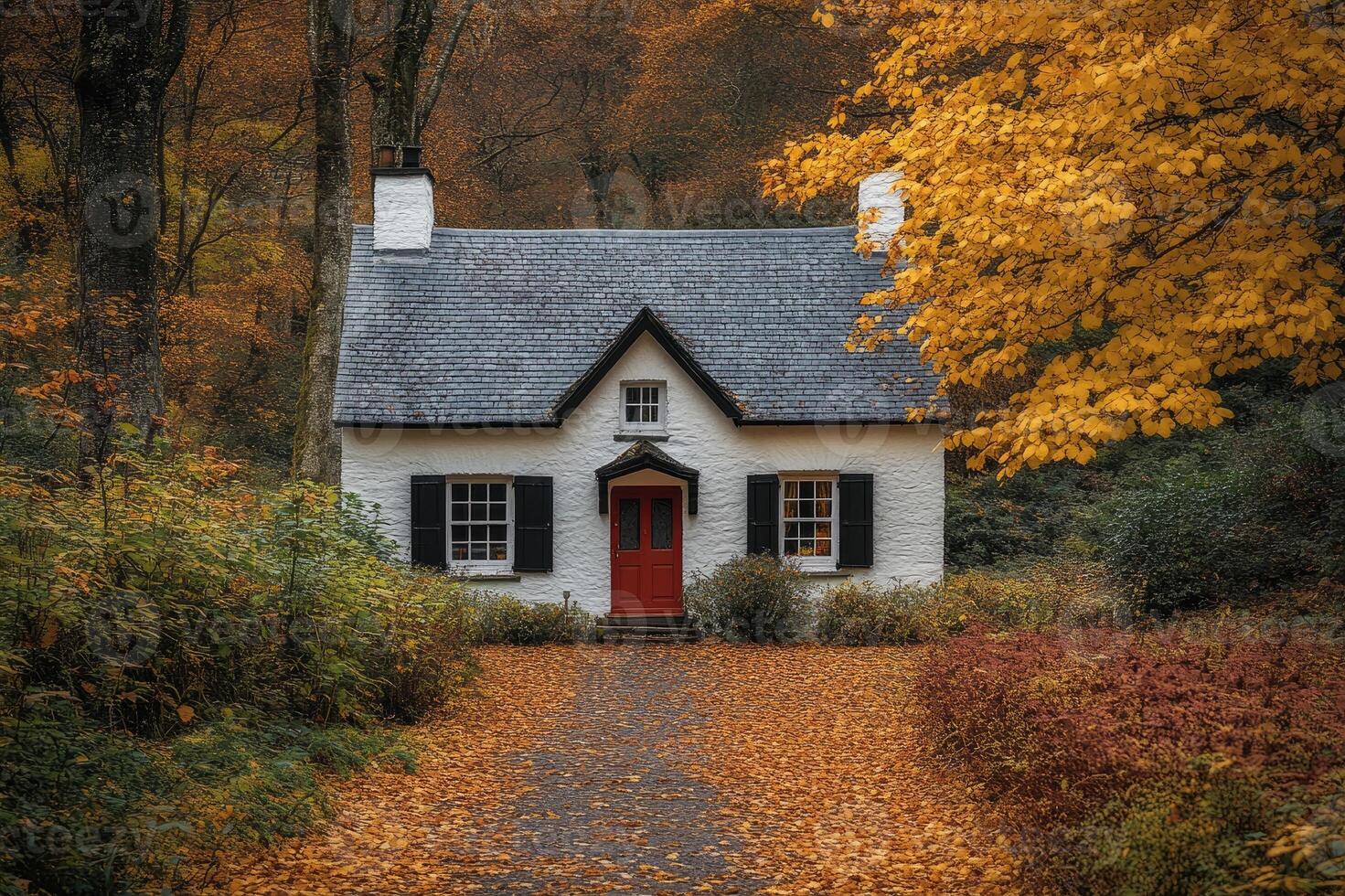 Charming white cottage nestled in autumn woods with pathway covered in fallen leaves photo