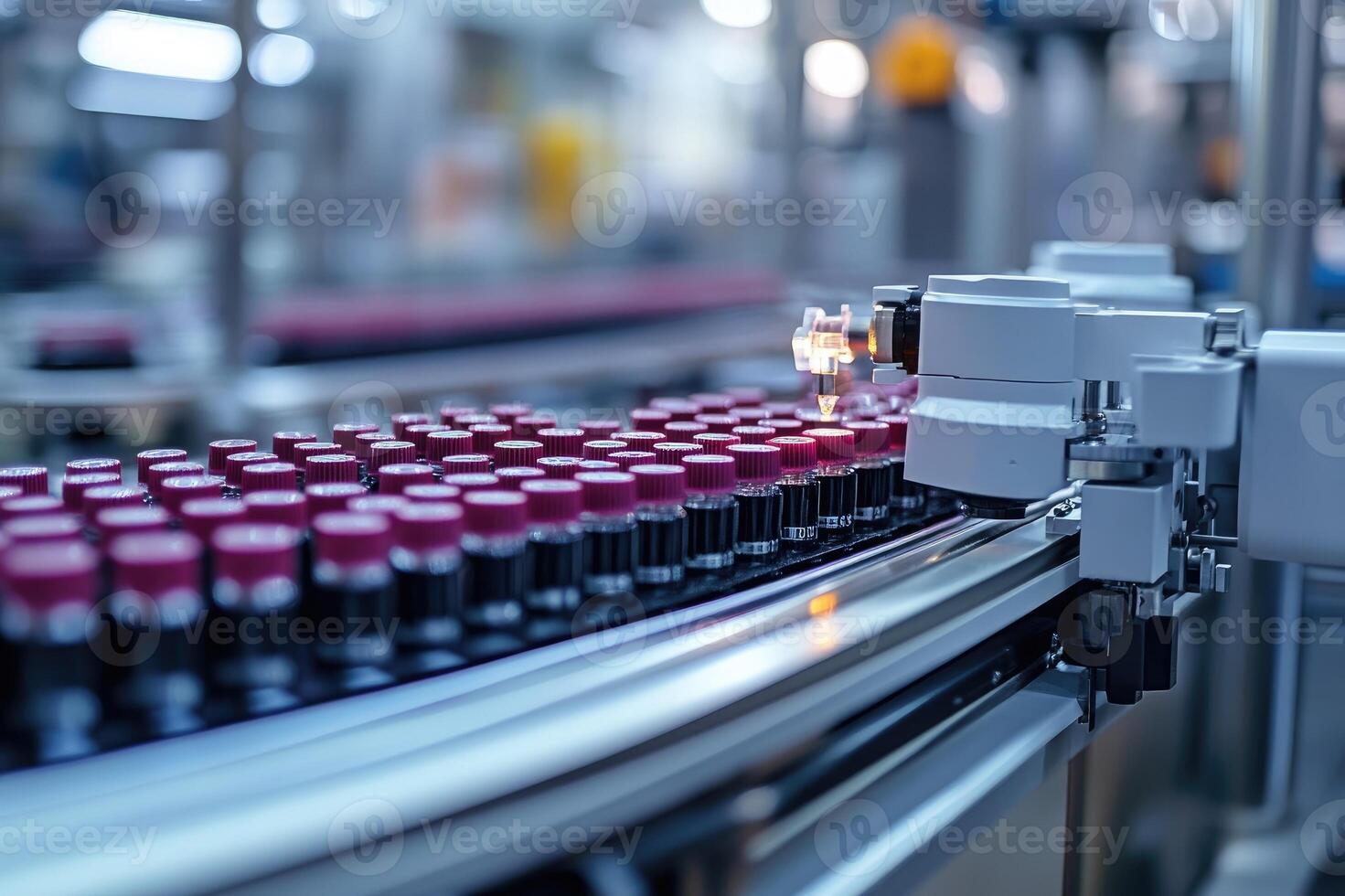 Robotic equipment processing vials on a production line in a pharmaceutical factory photo