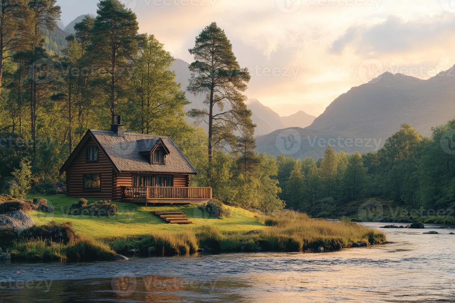 Wooden cabin inspiring wanderlust by the river at sunset in the mountains photo