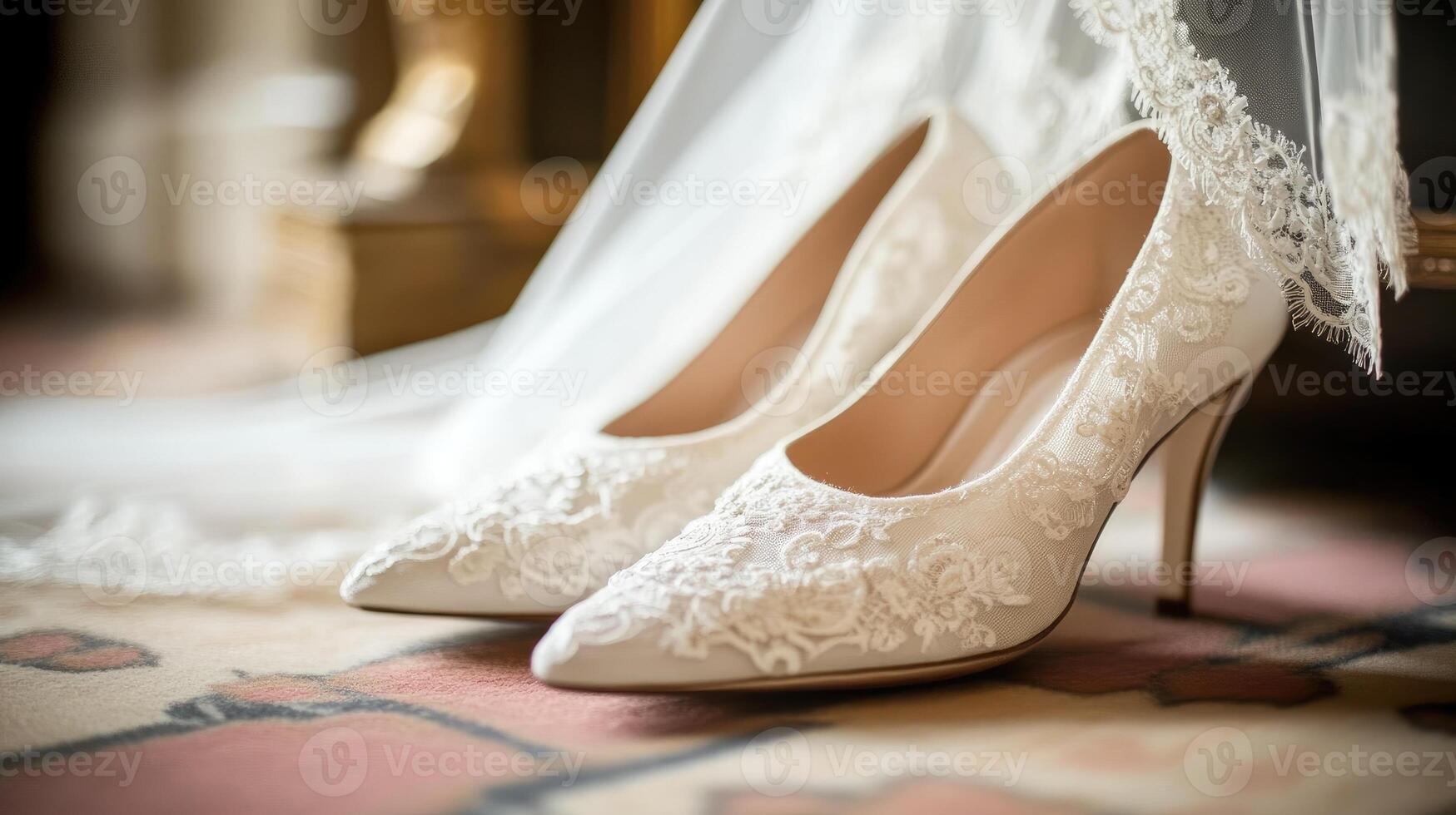 Elegant white wedding shoes with veil on carpet photo