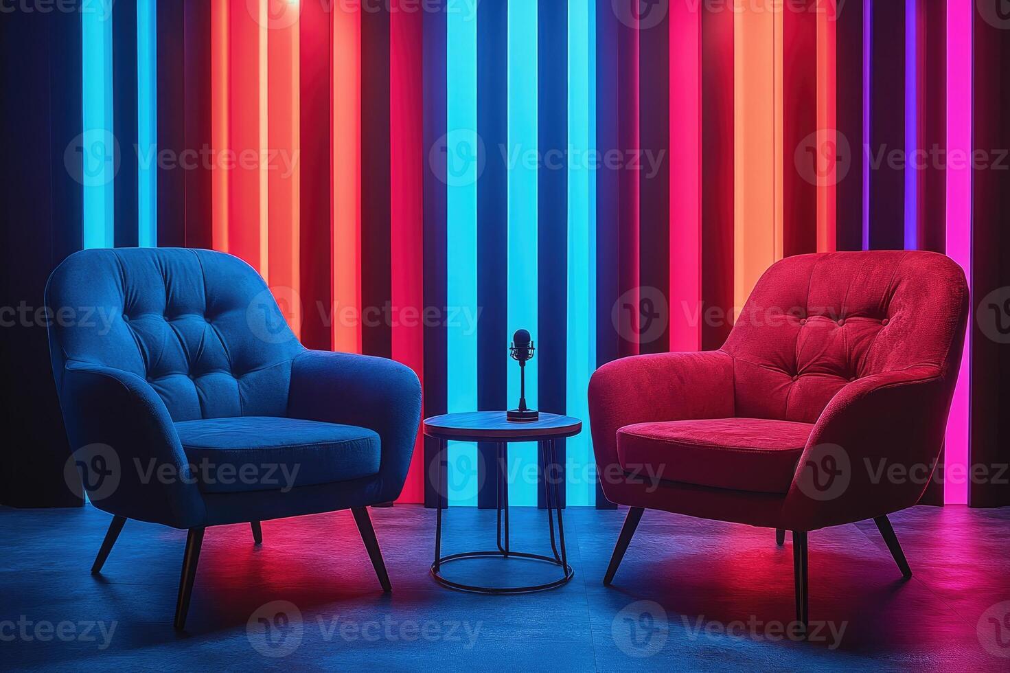 Two empty armchairs with microphone preparing for podcast recording in neon room photo