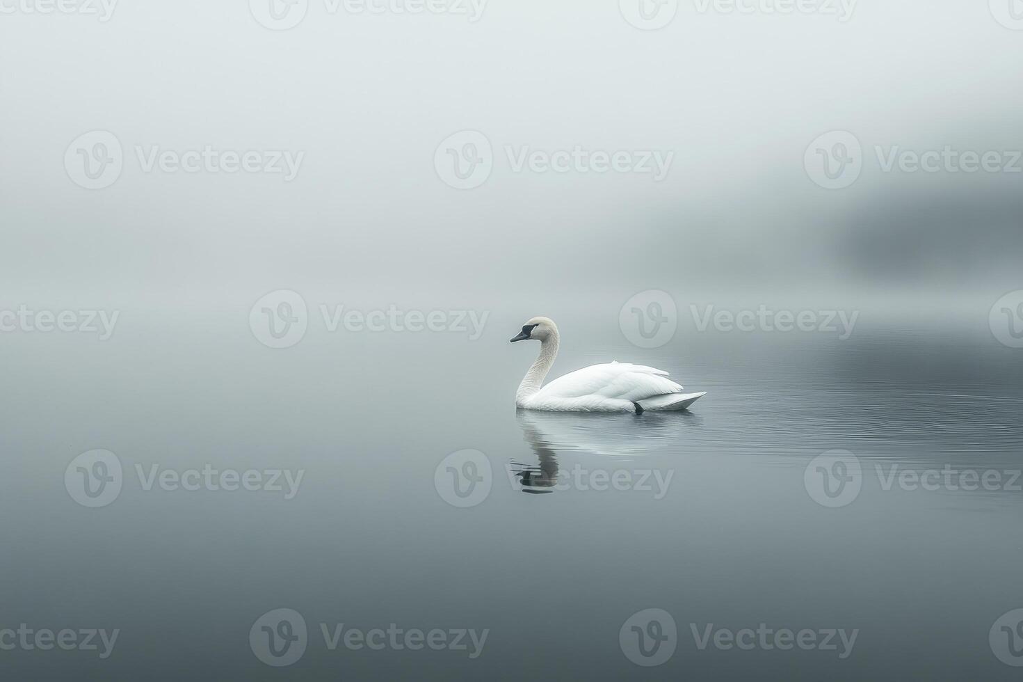 White swan swimming on a lake on a foggy day photo