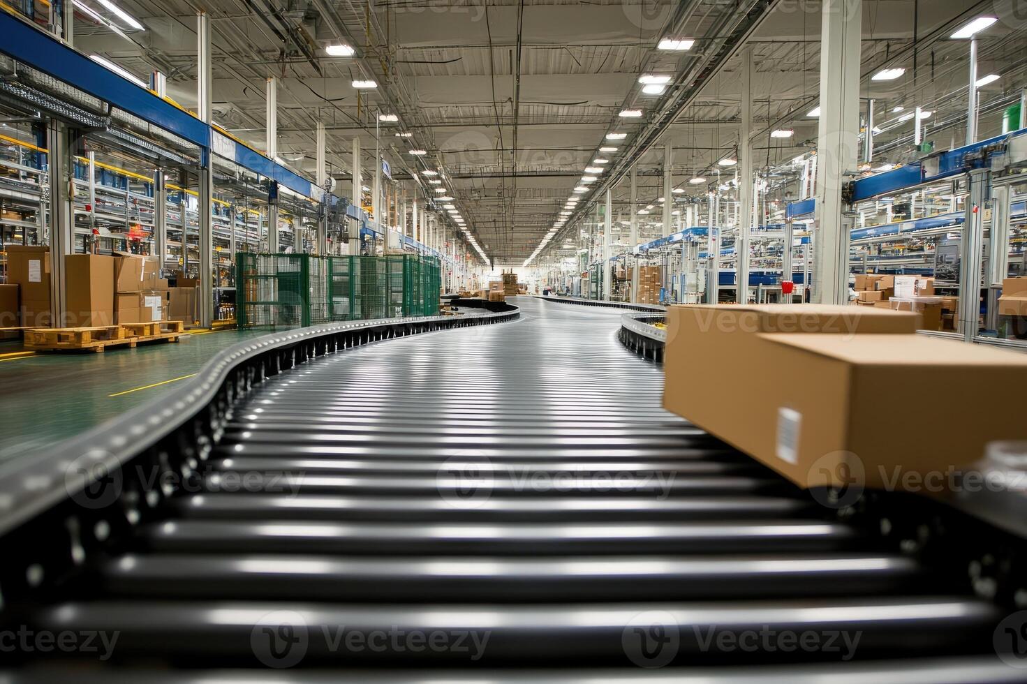 Cardboard box moving on conveyor belt in distribution warehouse photo