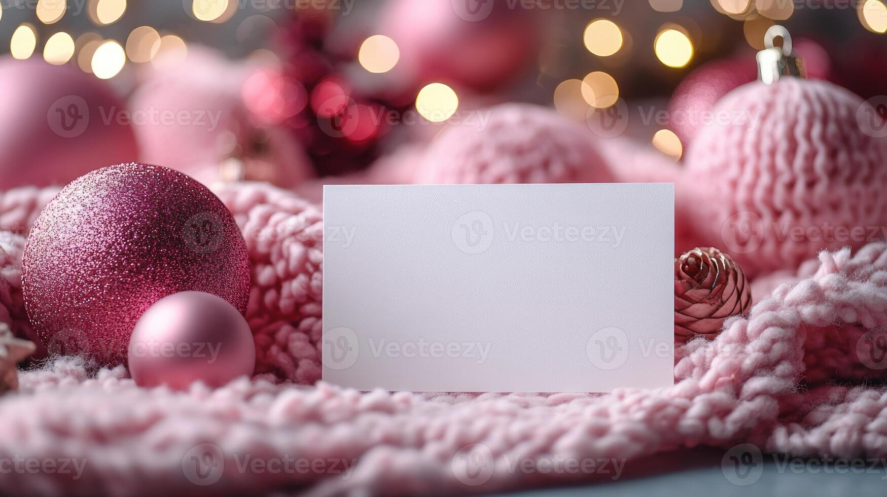 Christmas greeting card displayed on pink knitted blanket with decorations photo