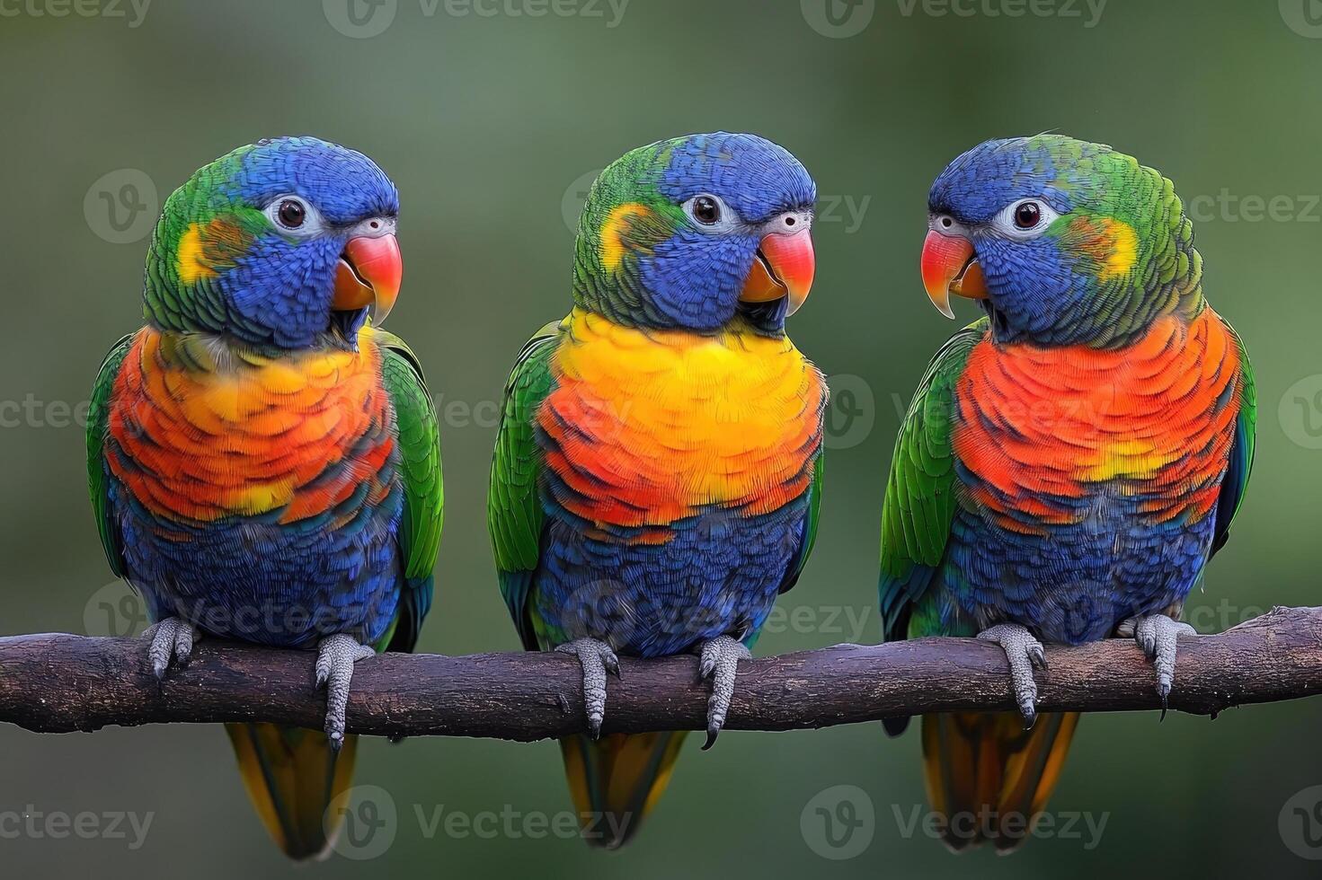 Three colorful rainbow lorikeets perching on a branch photo
