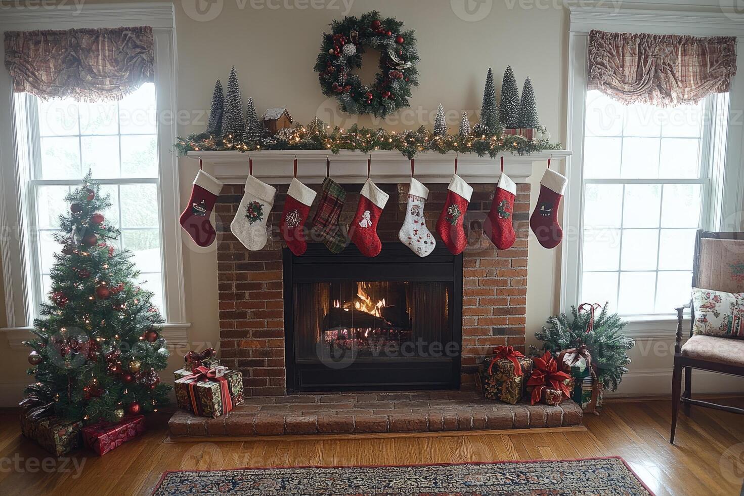 Christmas stockings hanging on fireplace mantel in cozy living room photo