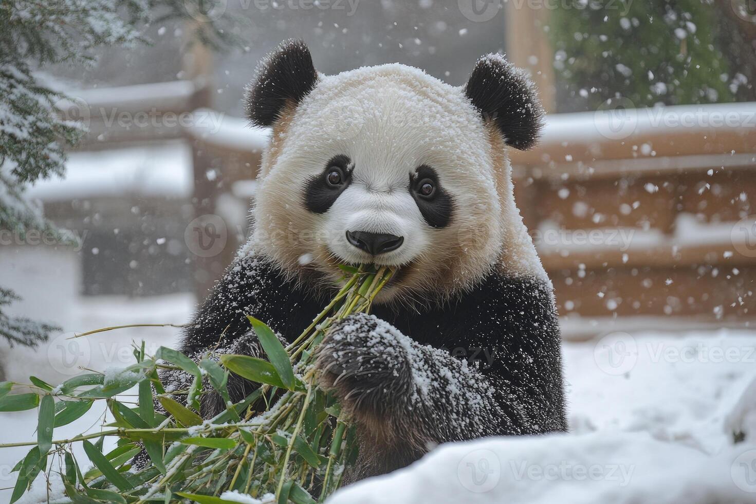 Giant panda eating bamboo while snowing in winter photo