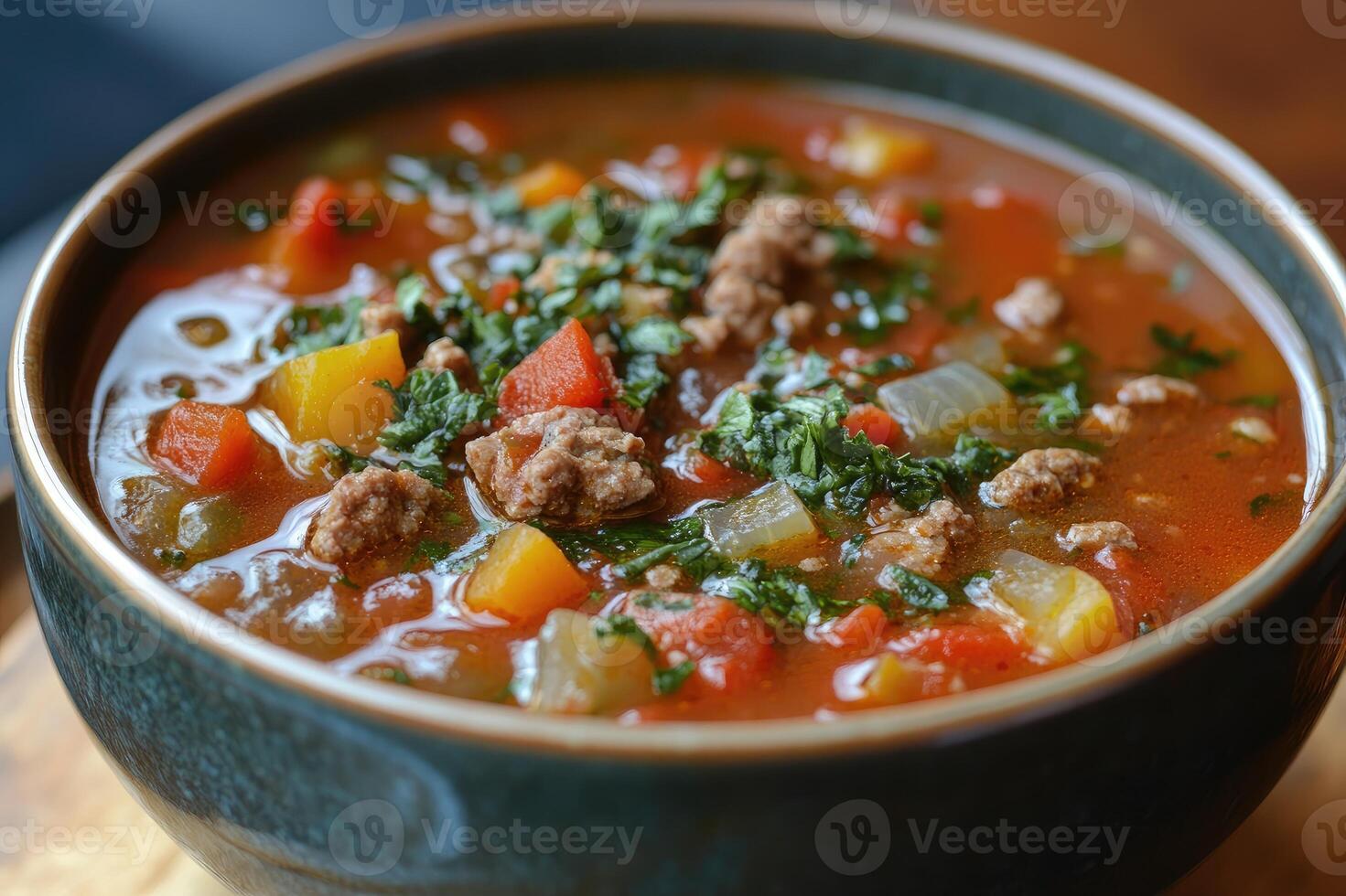 Steaming hot bowl of tomato soup garnished with fresh parsley and ground beef photo