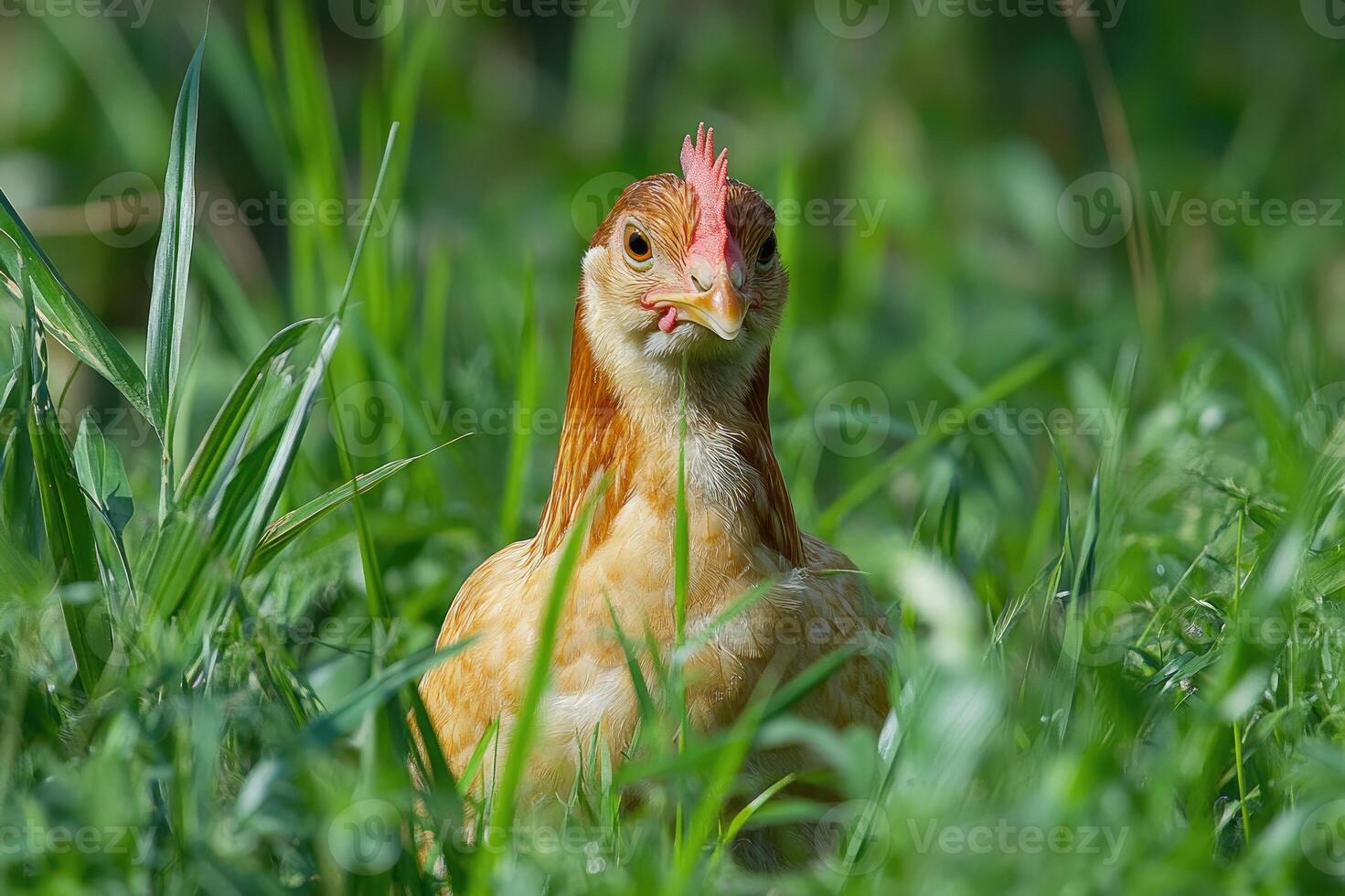 Young chicken hiding in green grass on farm photo