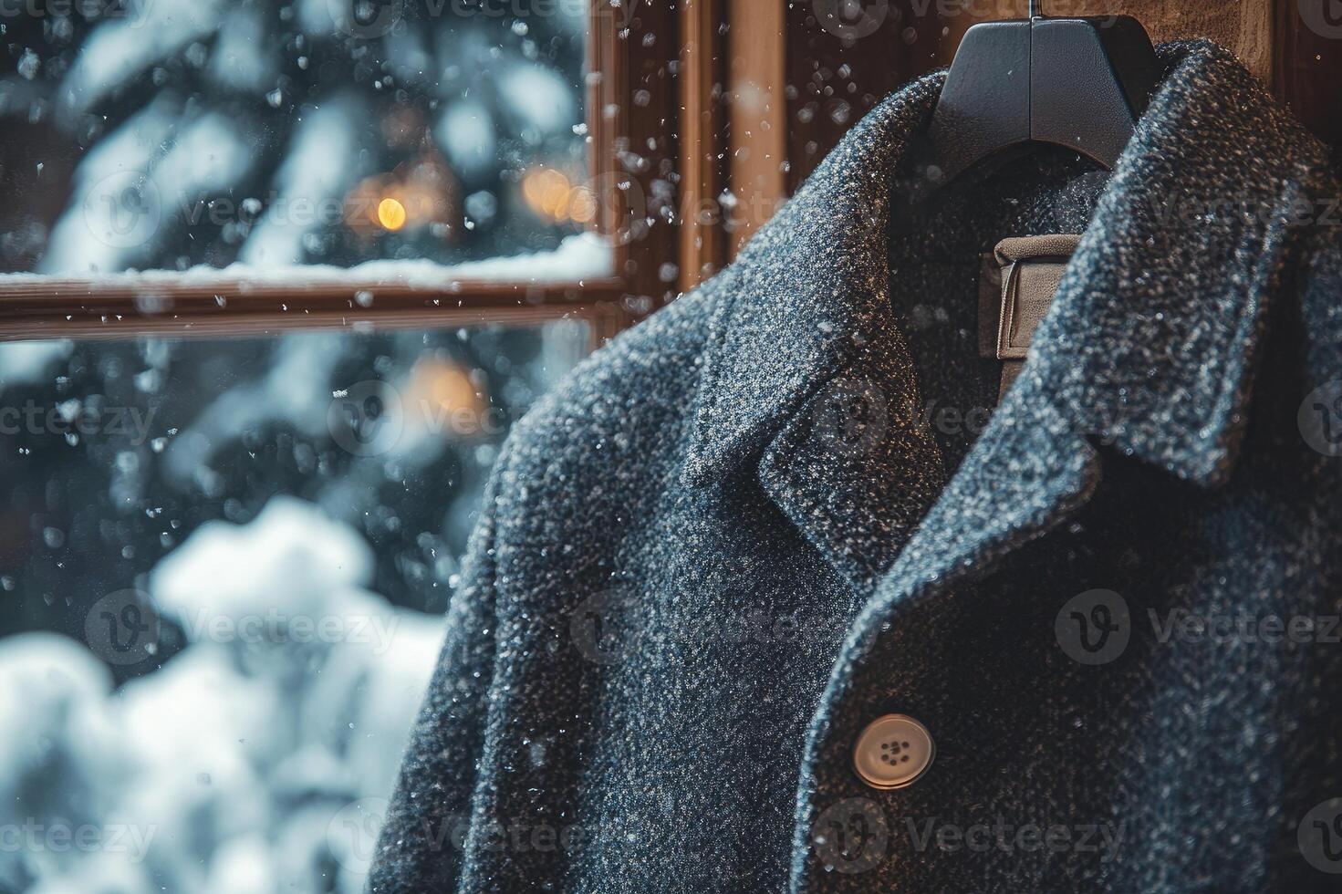 Warm winter coat hanging near window during snowfall photo