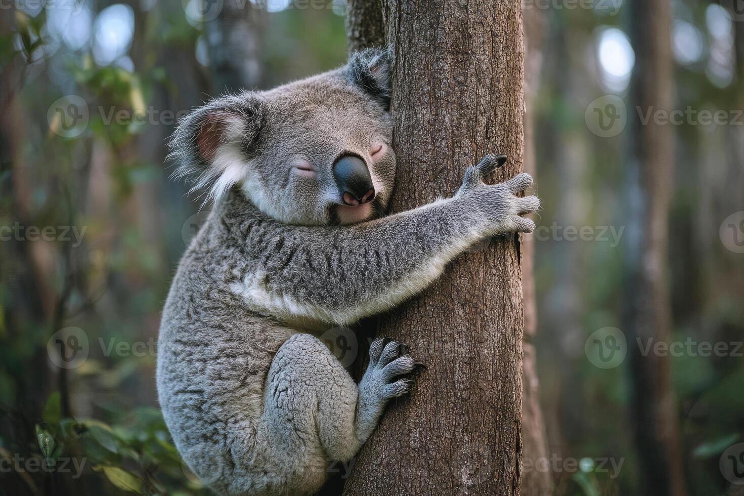 Koala sleeping while hugging a tree in a forest photo