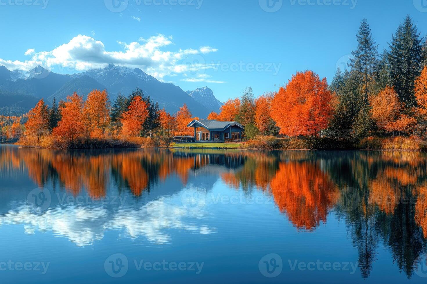 Wooden cottage reflecting in calm lake during autumn photo