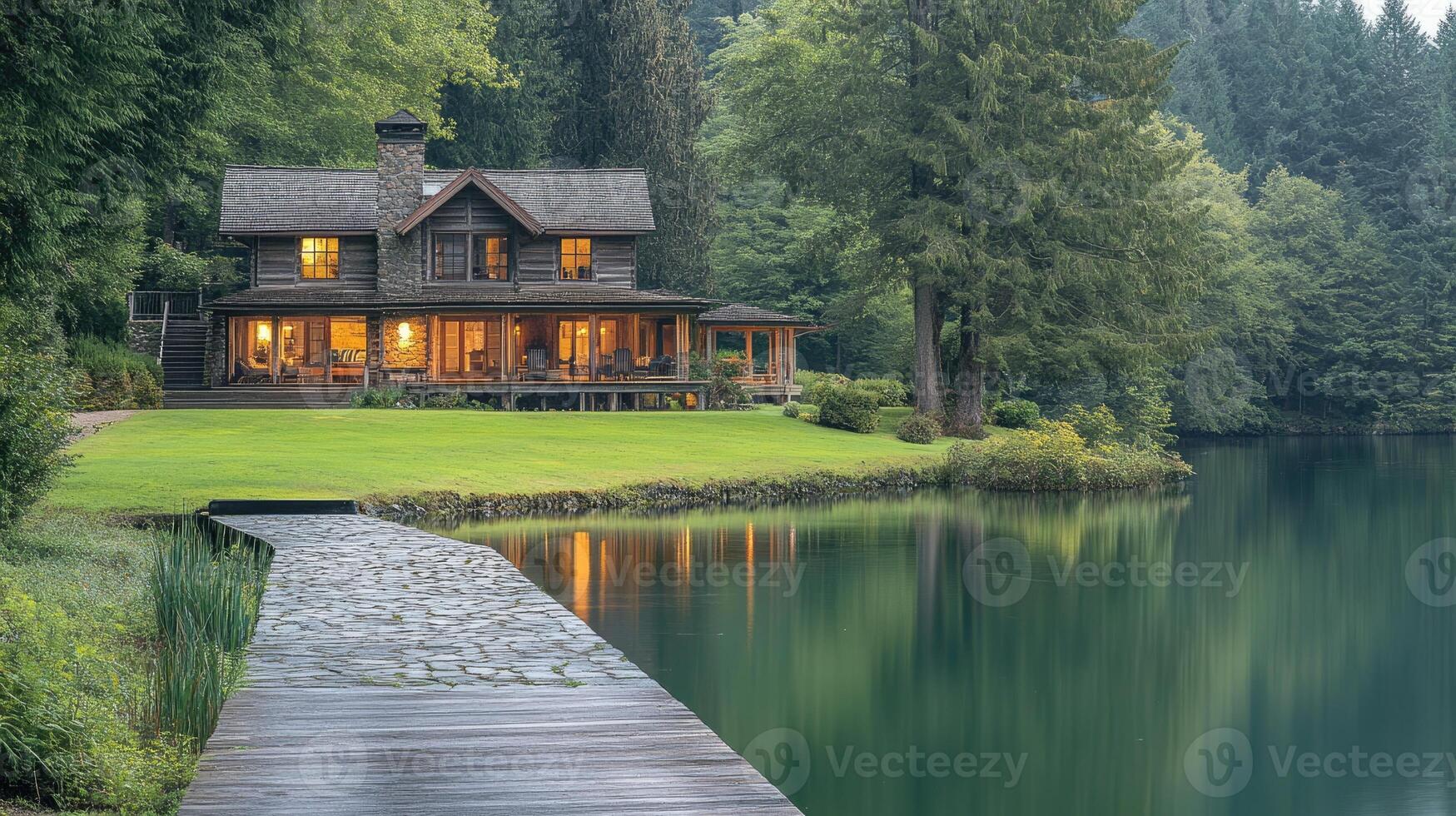 Wooden house reflecting in the lake on a sunny summer day photo