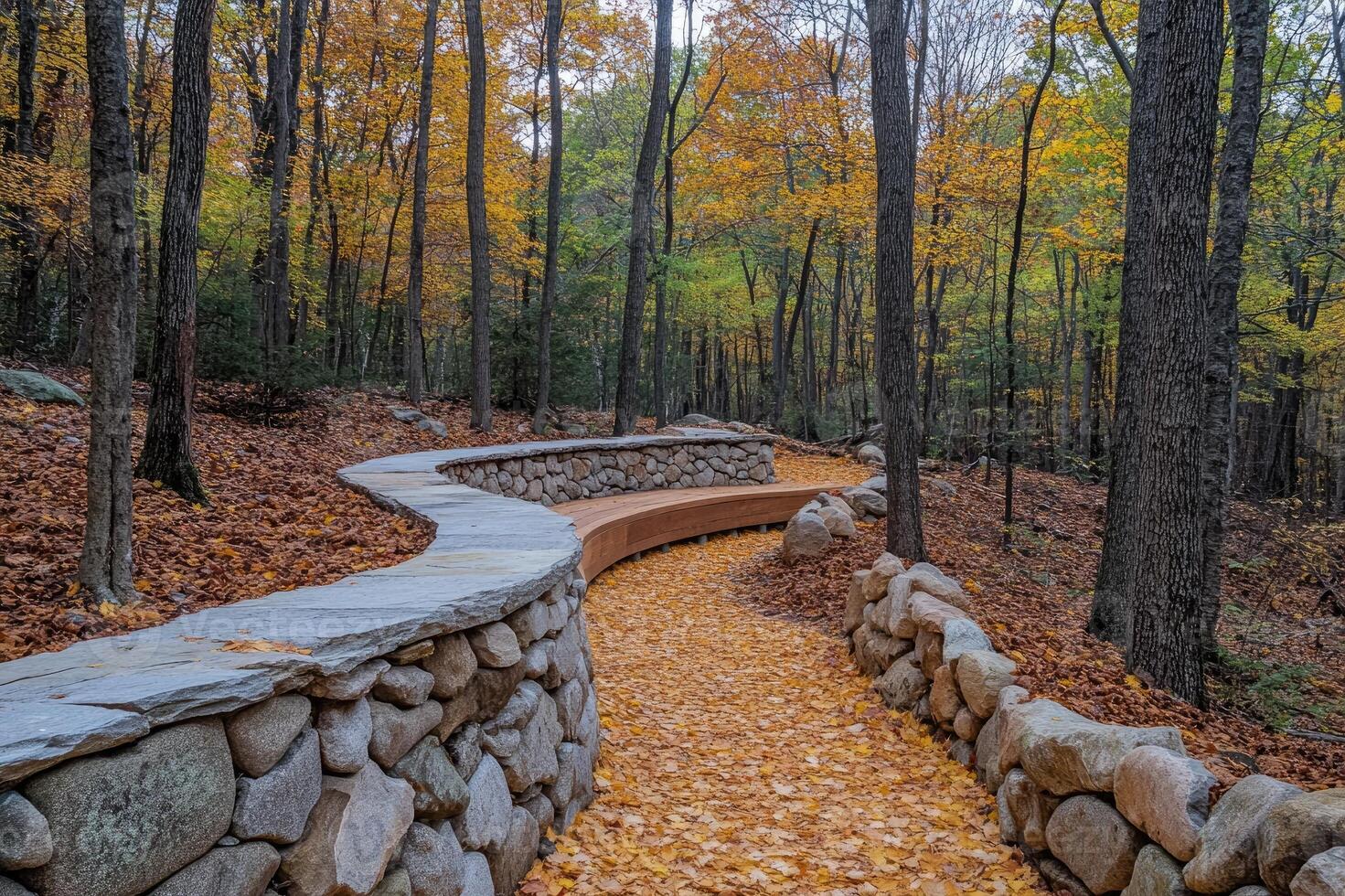 Stone paved winding path covered with fallen autumn leaves in the woods photo