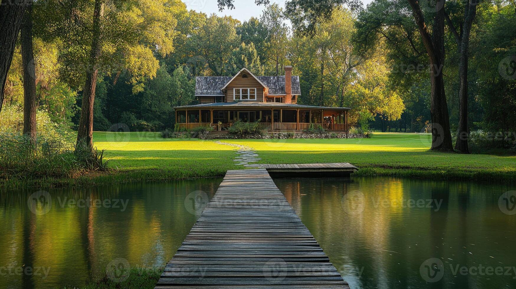 Wooden pathway leading to idyllic lakeside house surrounded by lush greenery photo