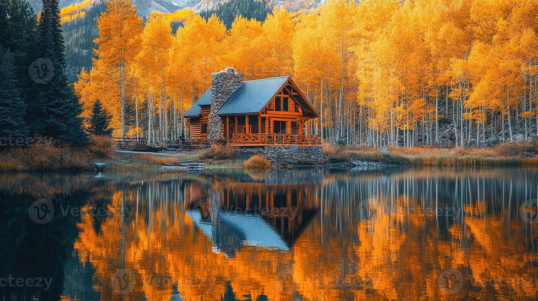 Wooden cabin reflecting in a lake surrounded by golden aspen trees in autumn photo