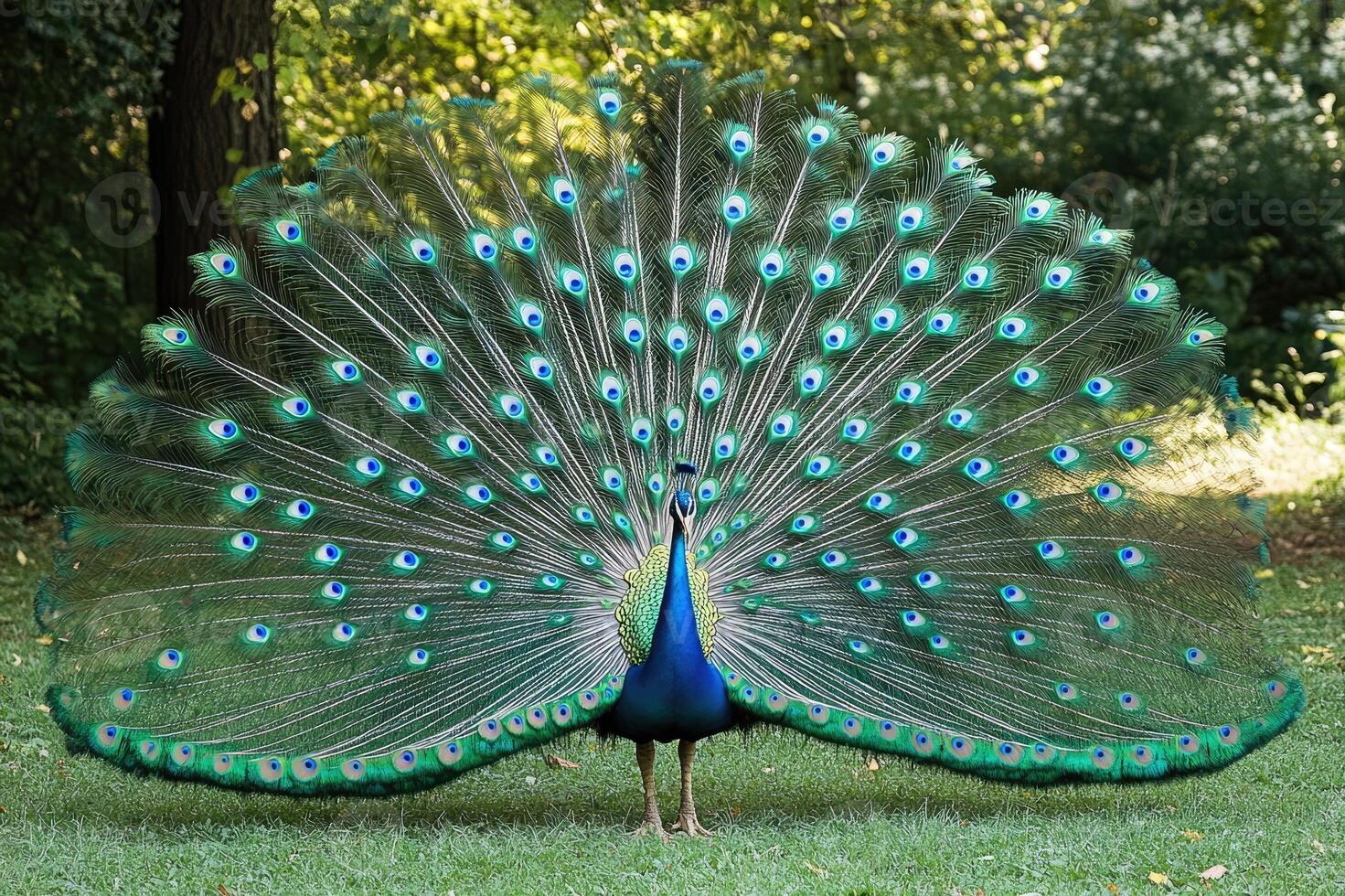Majestic peacock showing its colorful feathers in the park photo