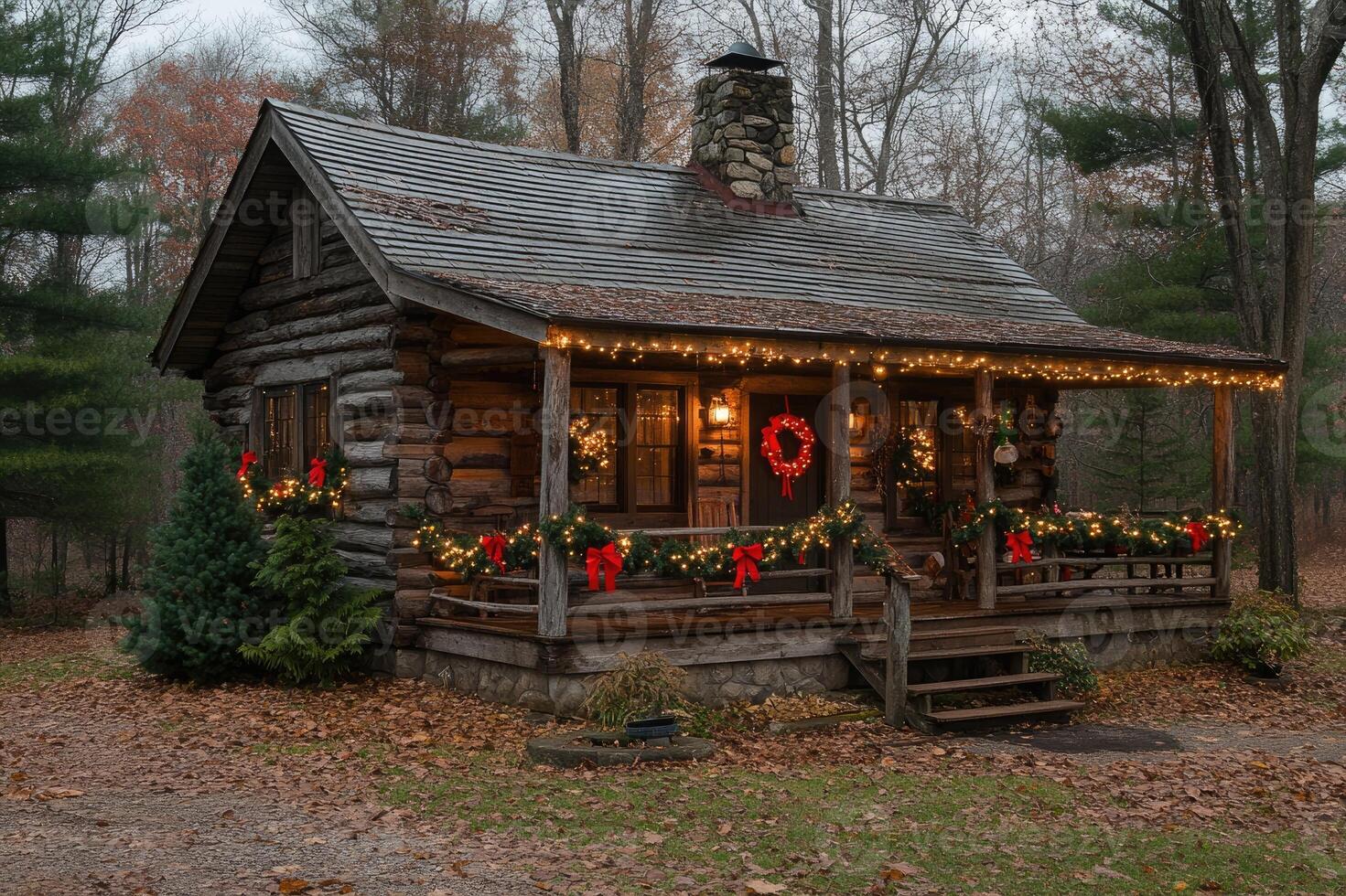Cozy log cabin decorated for christmas in a forest setting photo