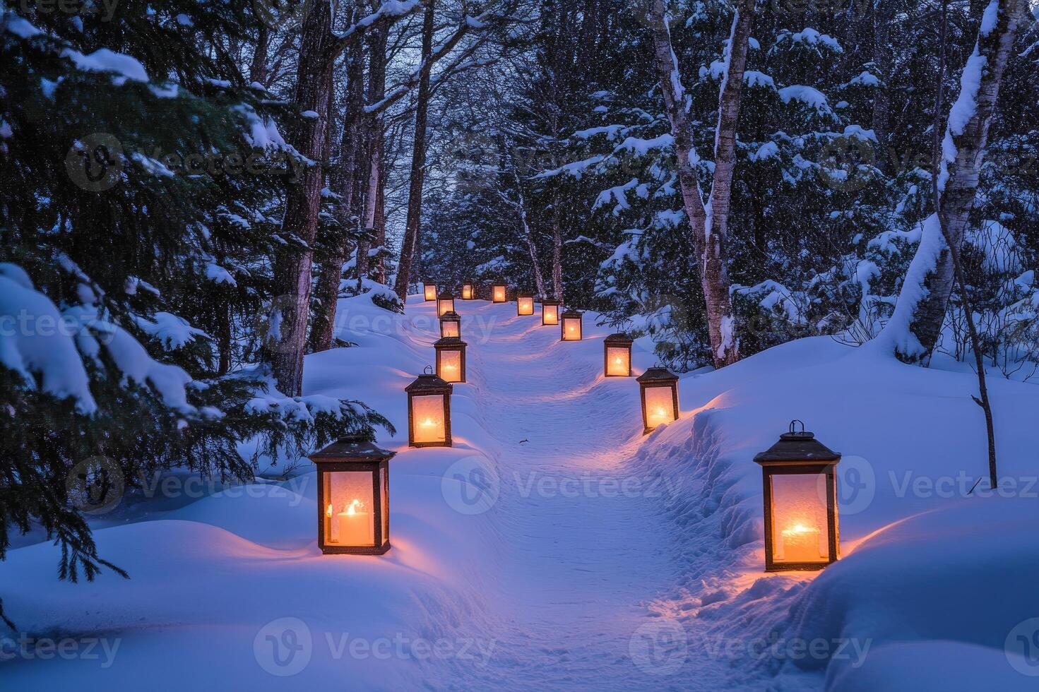 Lanterns lighting snowy path through winter forest at twilight photo