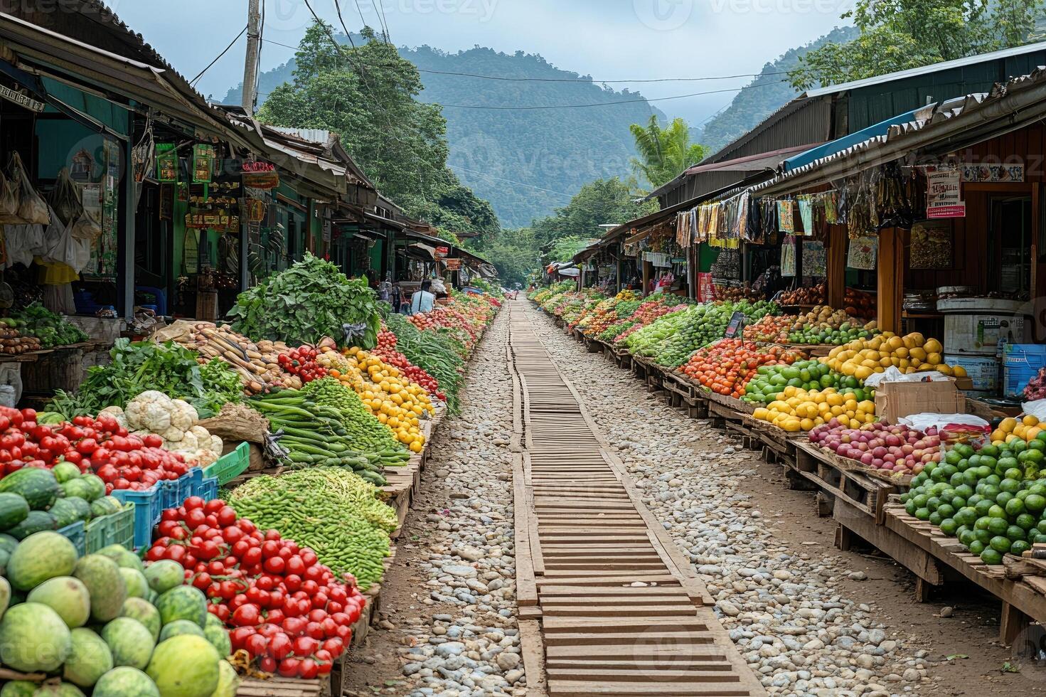Maeklong railway market stalls offering fresh produce along the railway tracks photo