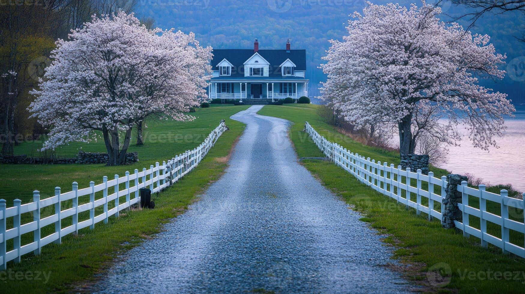 Gravel driveway leading to a beautiful house with blooming trees and white fence at twilight photo