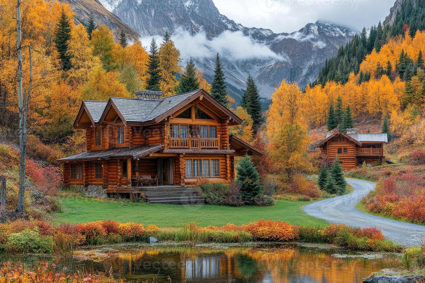 Luxurious log cabins nestled in the majestic autumn forest photo