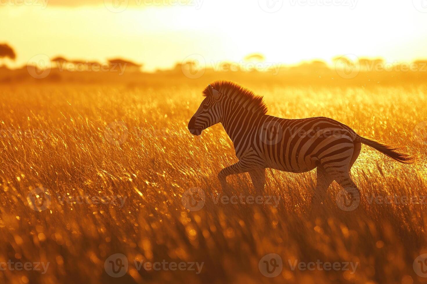 Zebra running in the high grass at sunset in the african savanna photo