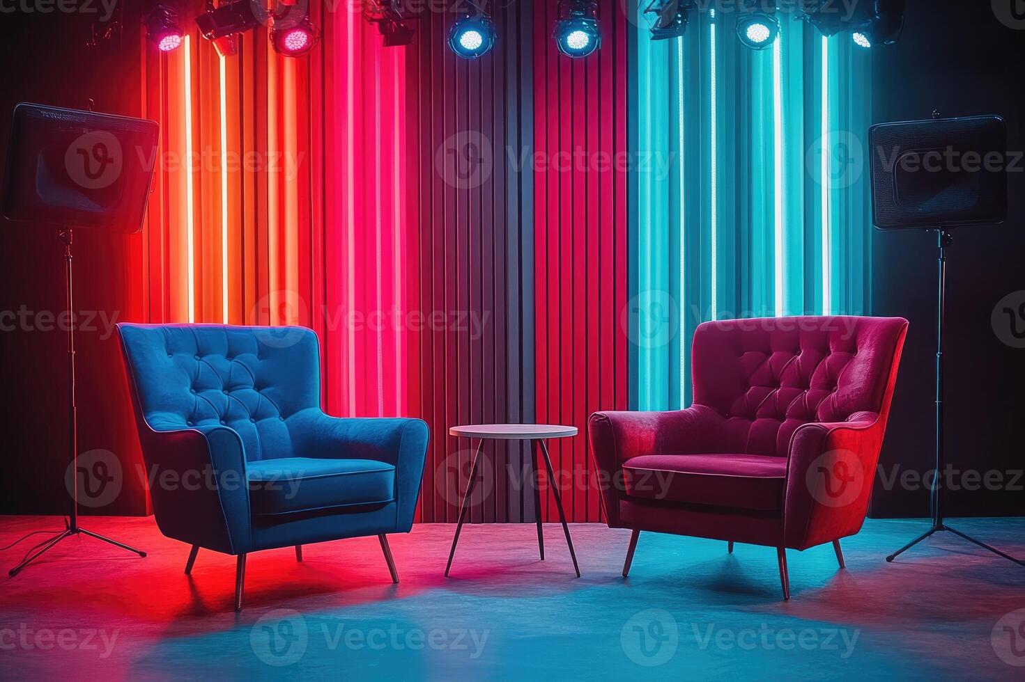 Two empty armchairs with microphone awaiting guests in neon-lit studio photo