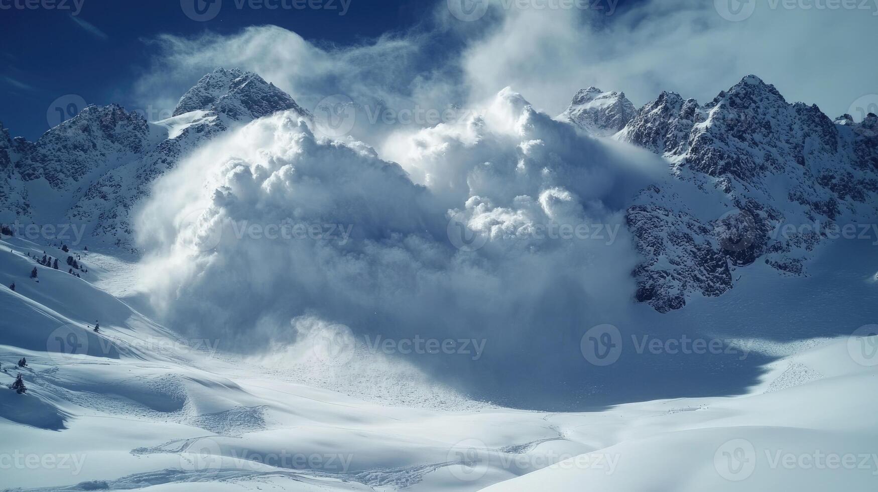 Strong wind blowing snow on mountain slope creating dramatic scene photo