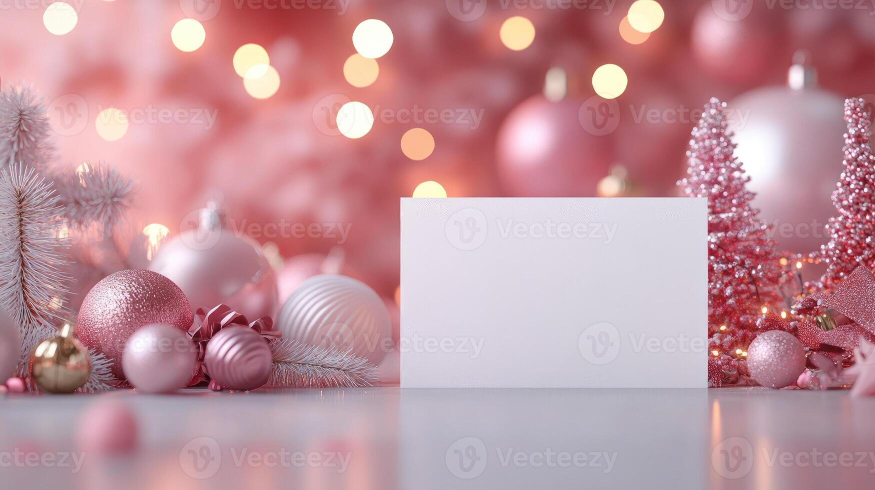 Blank christmas card displayed on pink background with decorations and bokeh lights photo